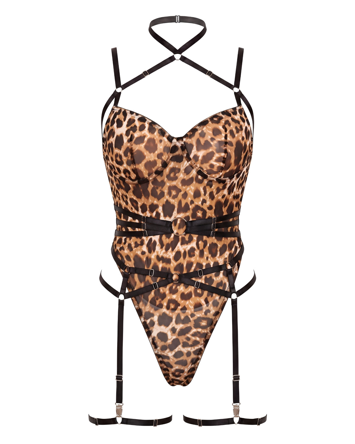 Linsori Leopard Harness Bodysuit Piece - White background view