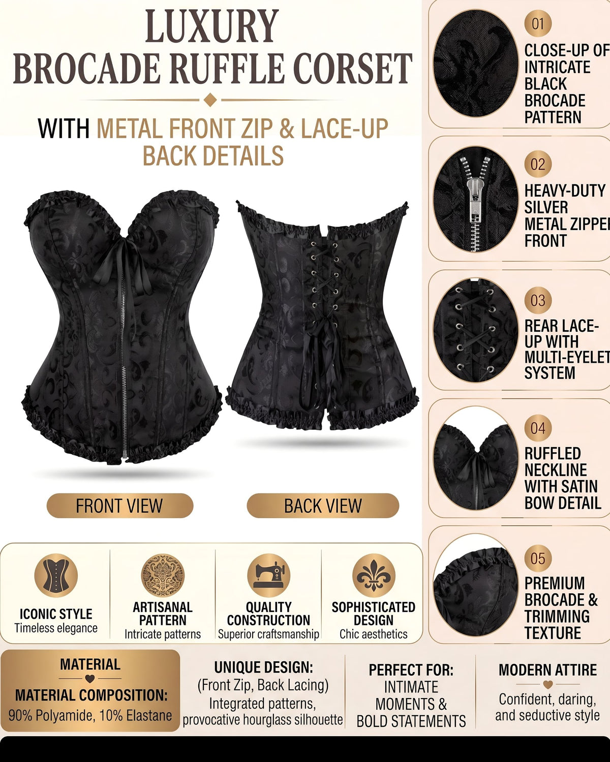 Linsori Noir Vintage Lace-Up Corset -  Product detail view