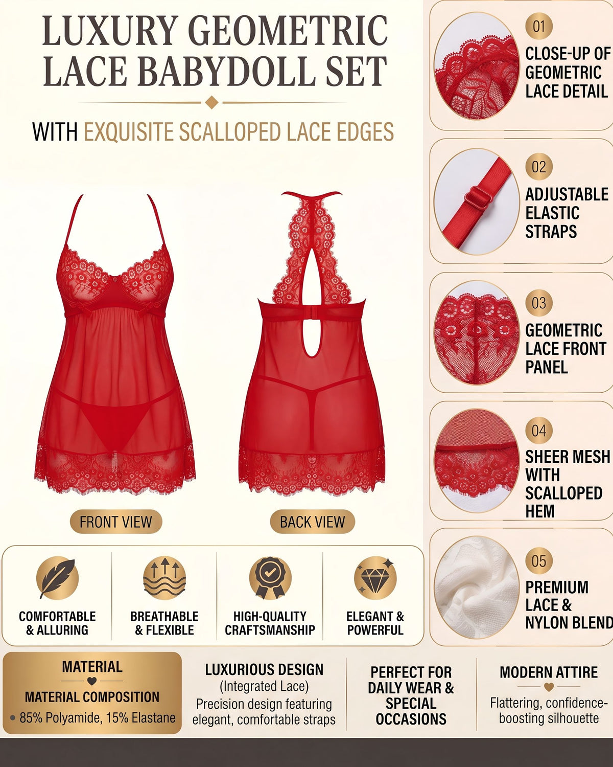 Linsori Crimson Eyelet Lace Babydoll Set -  Product detail view