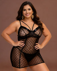Linsori Noir Mesh Plunge Chemise Piece - Front view 
