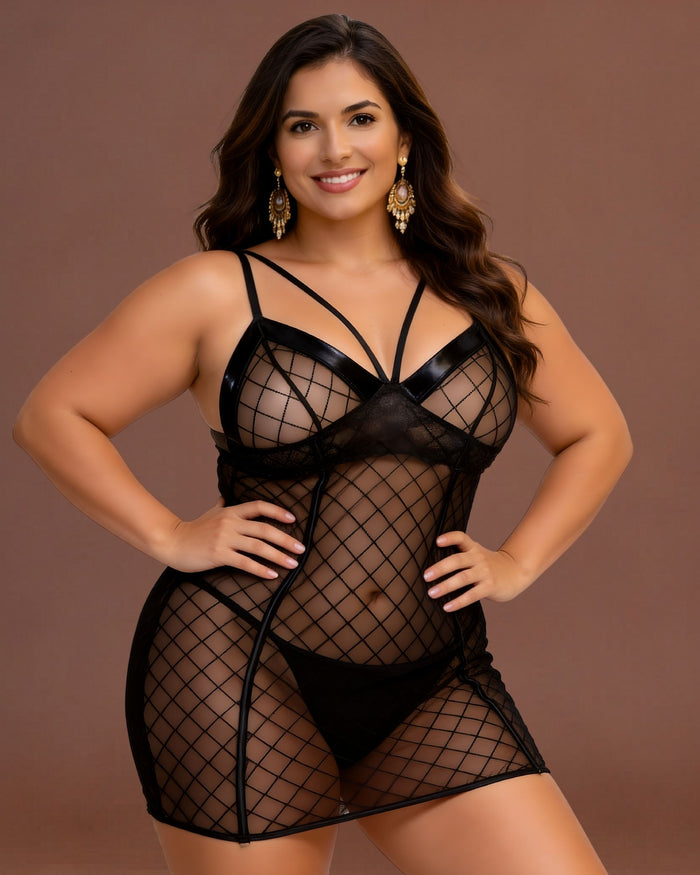 Linsori Noir Mesh Plunge Chemise Piece - Front view 