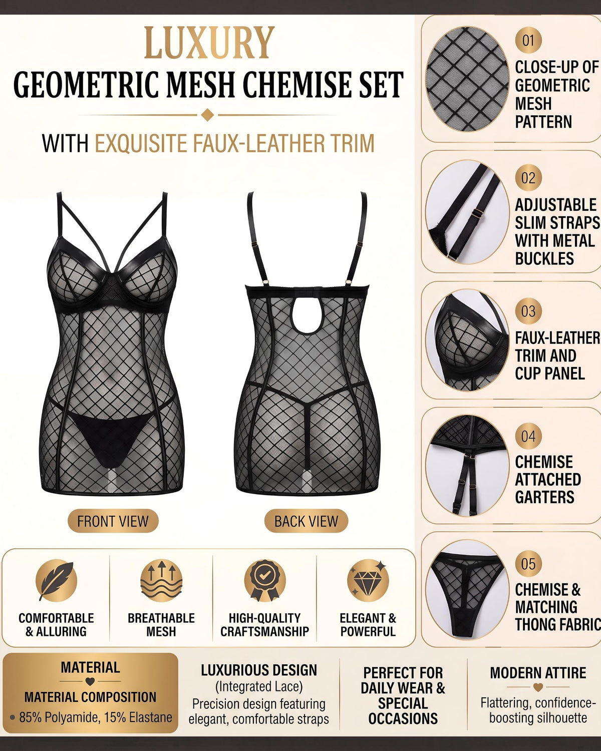 Linsori Noir Mesh Plunge Chemise Piece -  Product detail view
