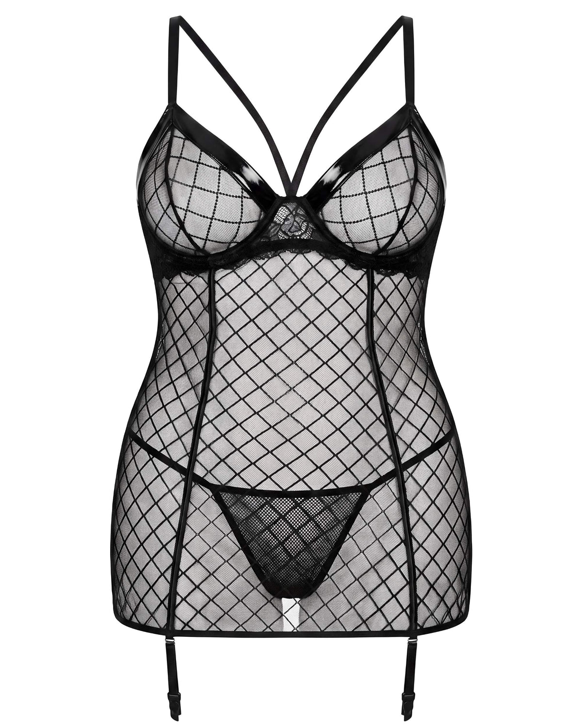 Linsori Noir Mesh Plunge Chemise  Plus Size - White background view