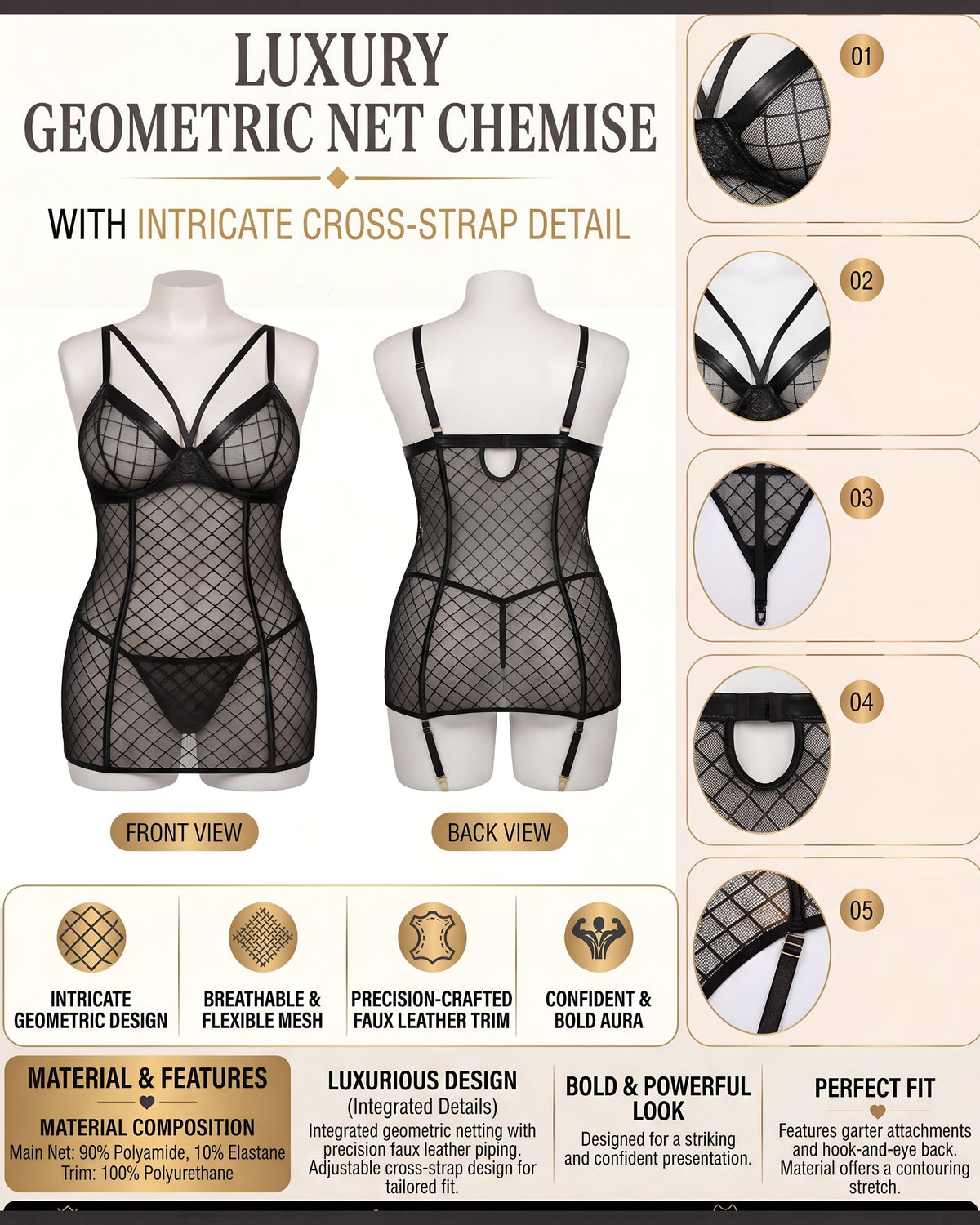 Linsori Noir Mesh Plunge Chemise  Plus Size -  Product detail view