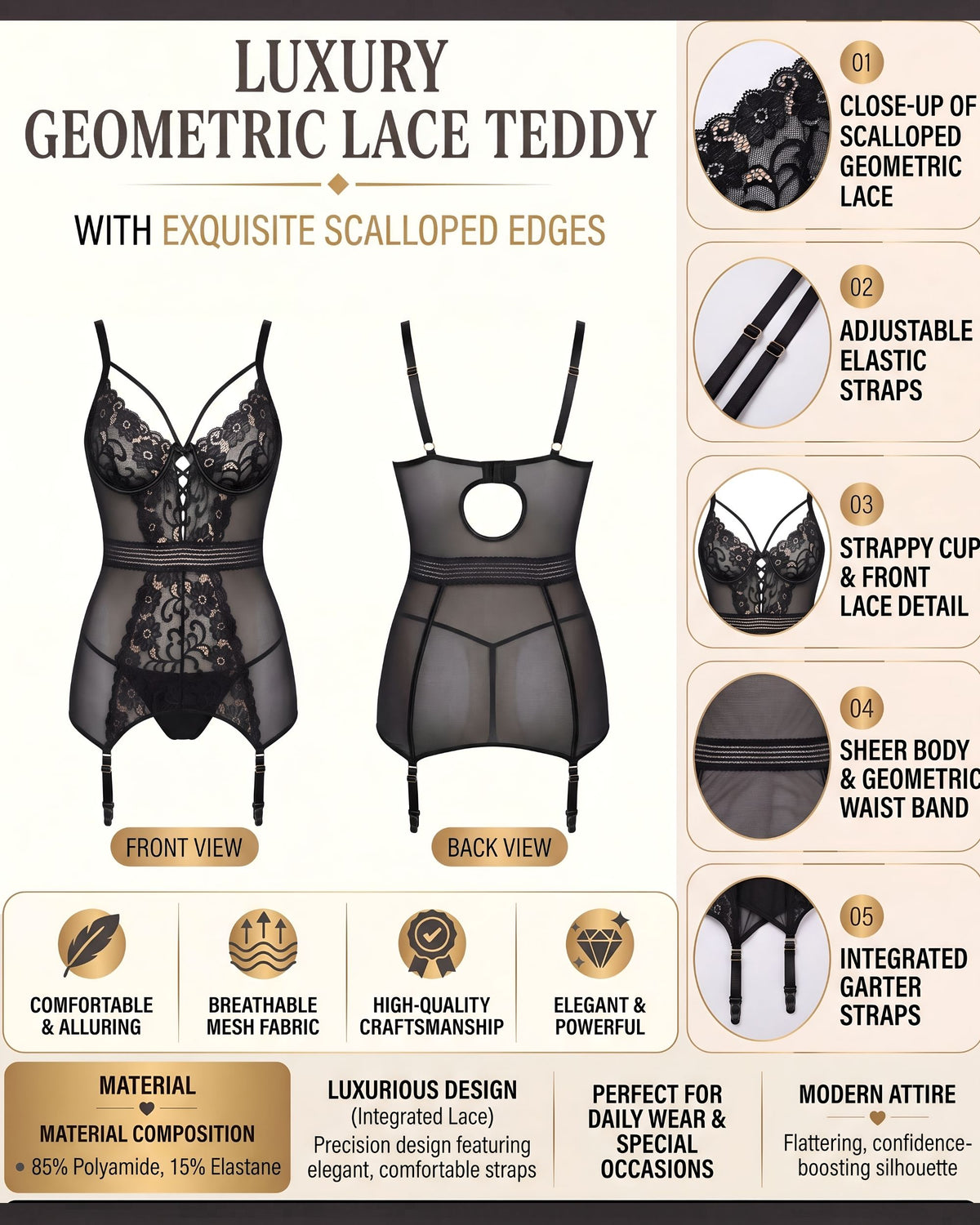 Linsori Noir Floral Sheer Chemise Set -  Product detail view