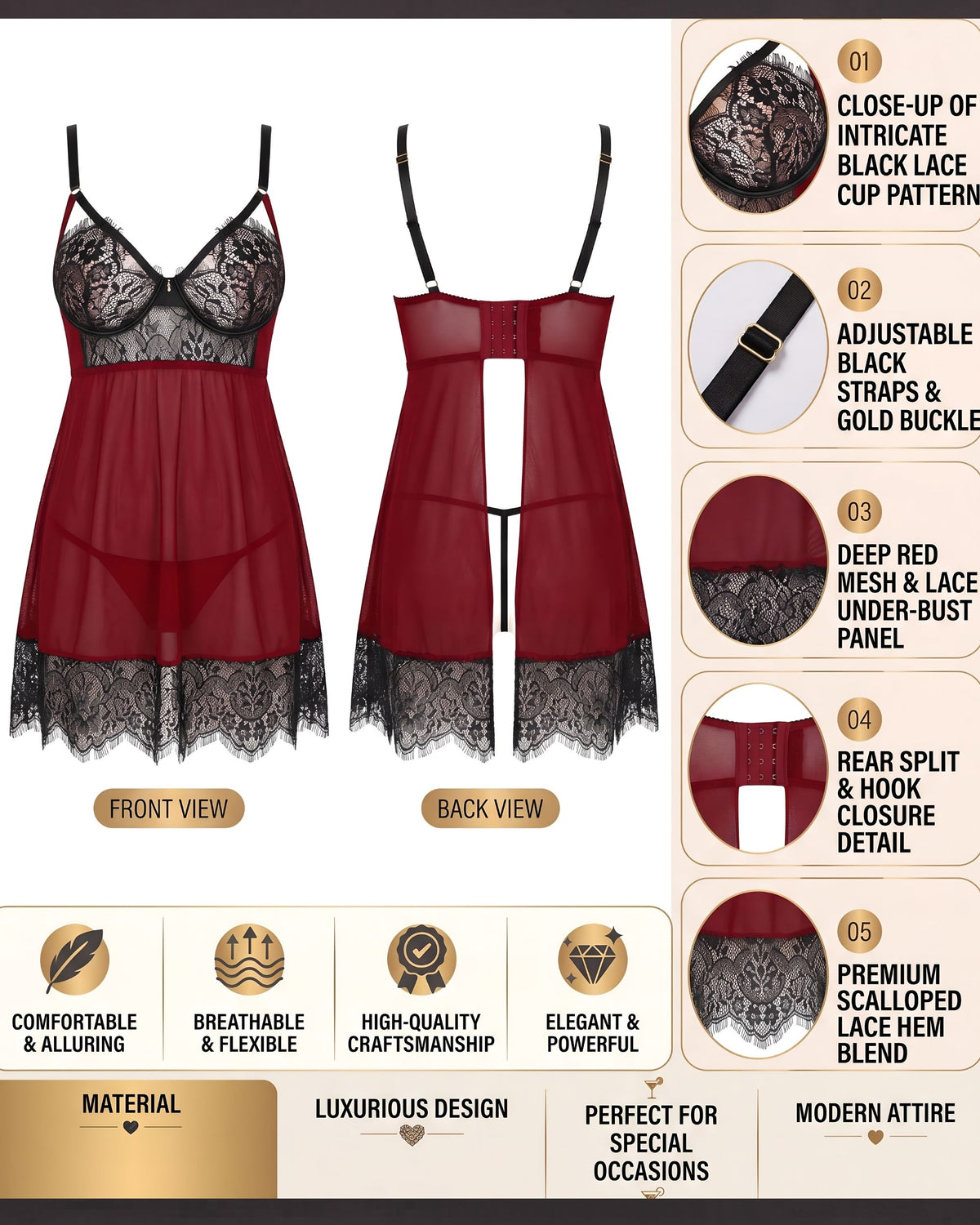 Linsori Noir Rouge Babydoll Delicate Set -  Product detail view
