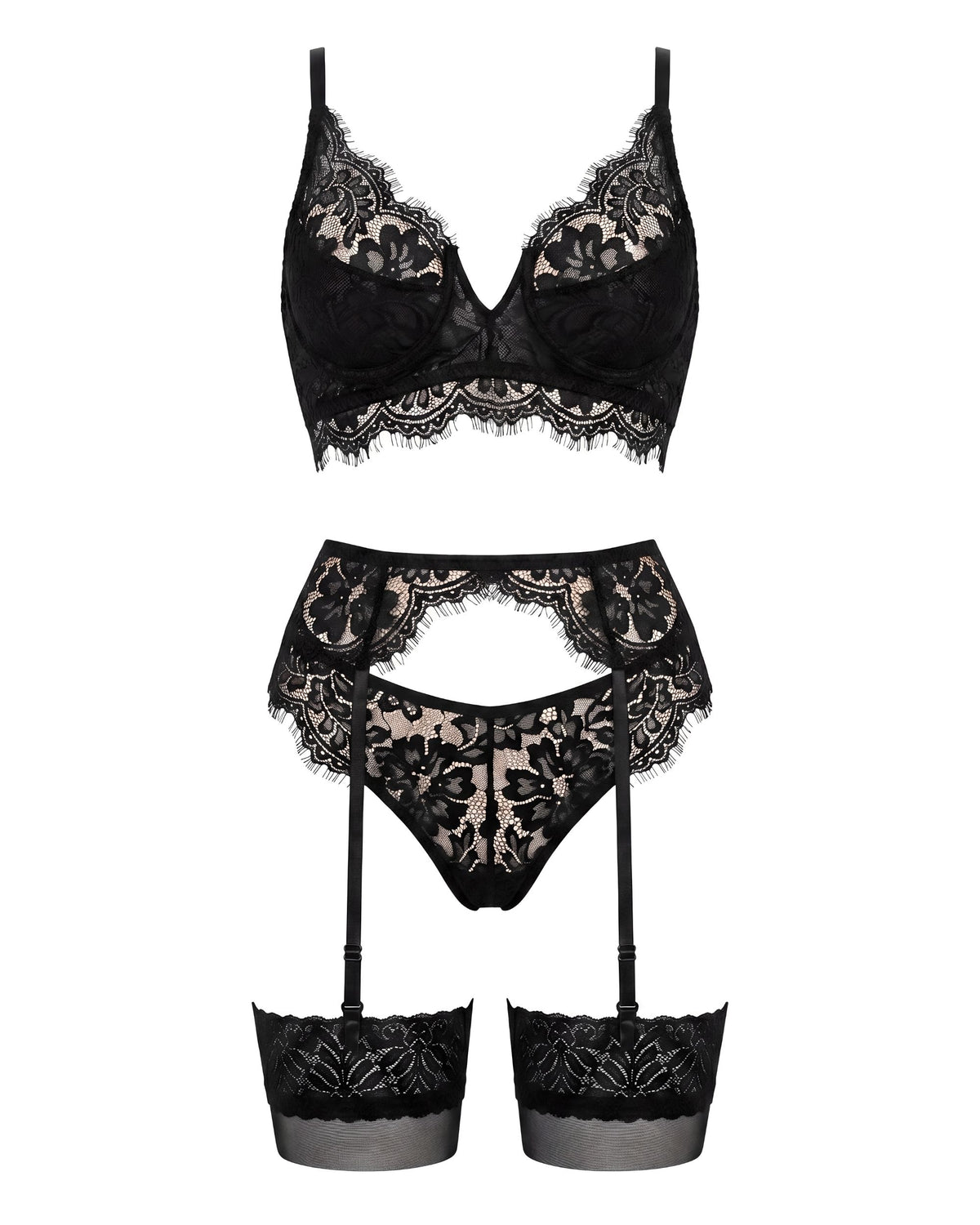 Linsori Noir Eyelet Lace Suspender Set Plus Size - White background view