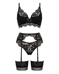 Linsori Noir Eyelet Lace Suspender Set Plus Size - White background view