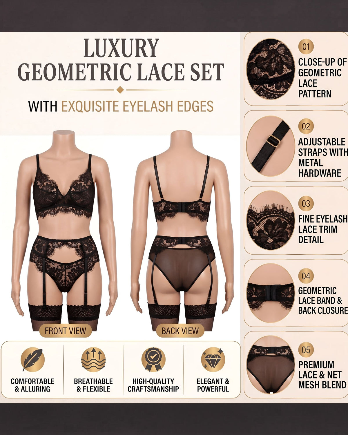 Linsori Noir Eyelet Lace Suspender Set Plus Size -  Product detail view