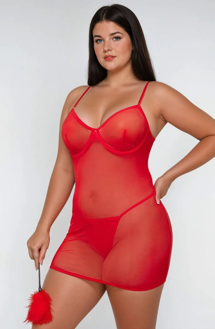 Linsori Crimson Mesh Strappy Lingerie Set — Plus Size - detail view