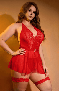 Linsori Crimson Halterneck Babydoll with Suspenders — Plus Size - detail shot