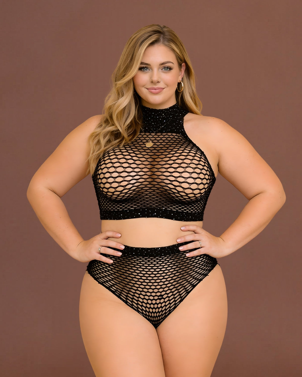 Linsori Obsidian Fishnet Halter Set Plus Size - Front view 