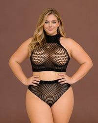 Linsori Obsidian Fishnet Halter Set Plus Size - Front view 