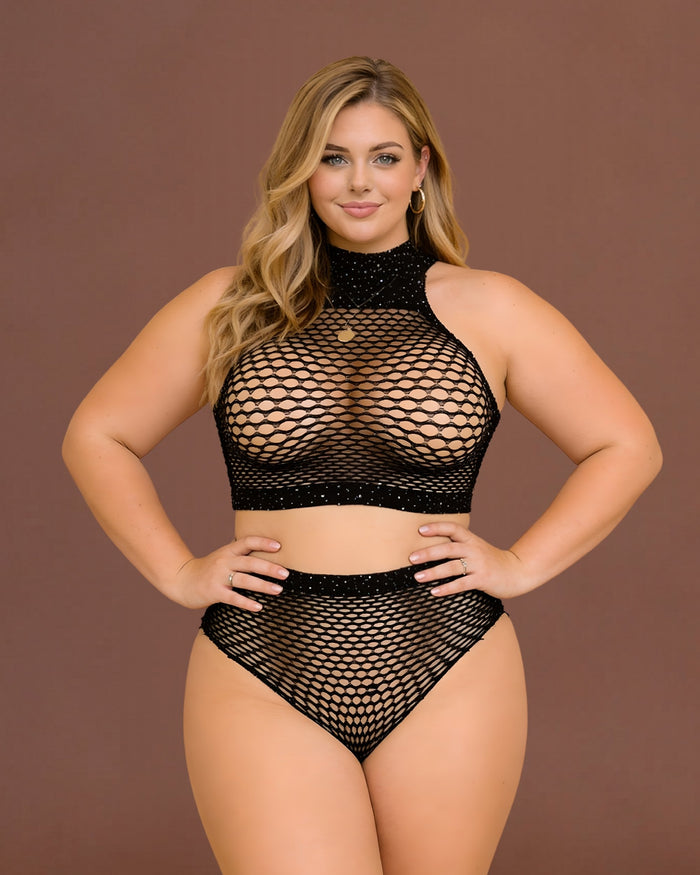 Linsori Obsidian Fishnet Halter Set Plus Size - Front view 