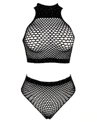 Linsori Obsidian Fishnet Halter Set Plus Size - White background view