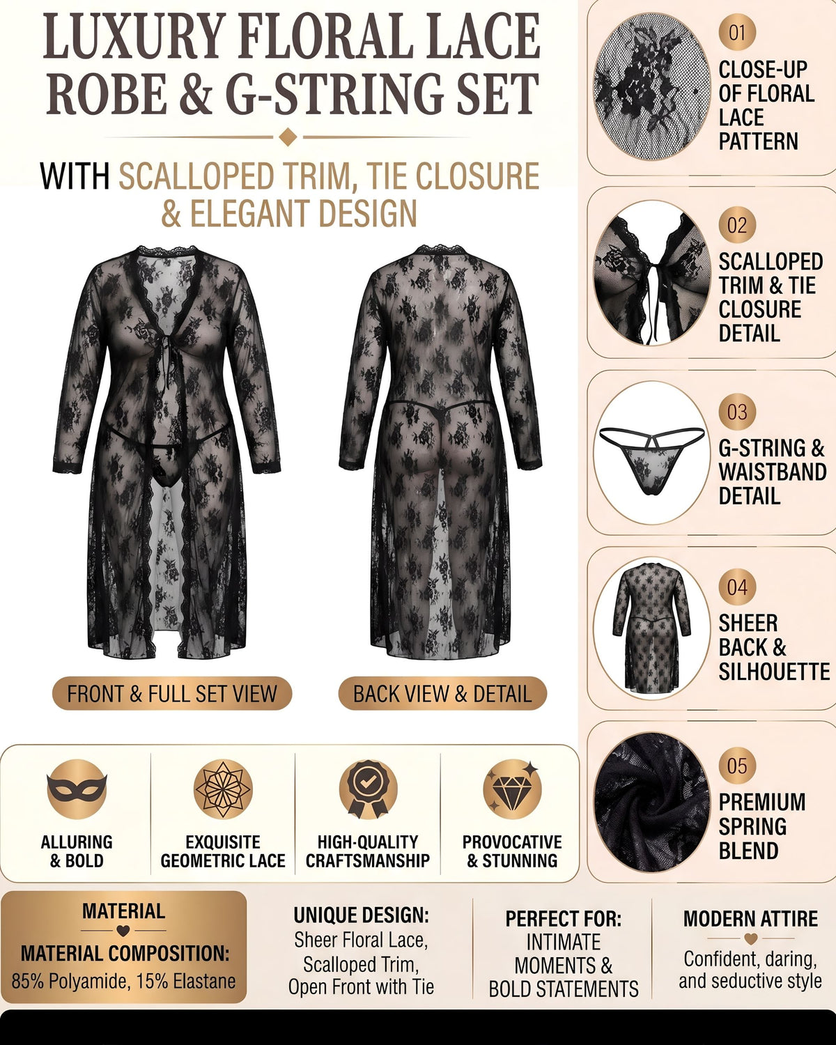 Linsori Noir Lace Gown with Thong Plus Size  -  Product detail view