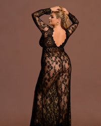 Linsori Noir Floral Gown & Delicate Thong Plus Size -  back view