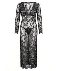 Linsori Noir Floral Gown & Delicate Thong Plus Size - White background view