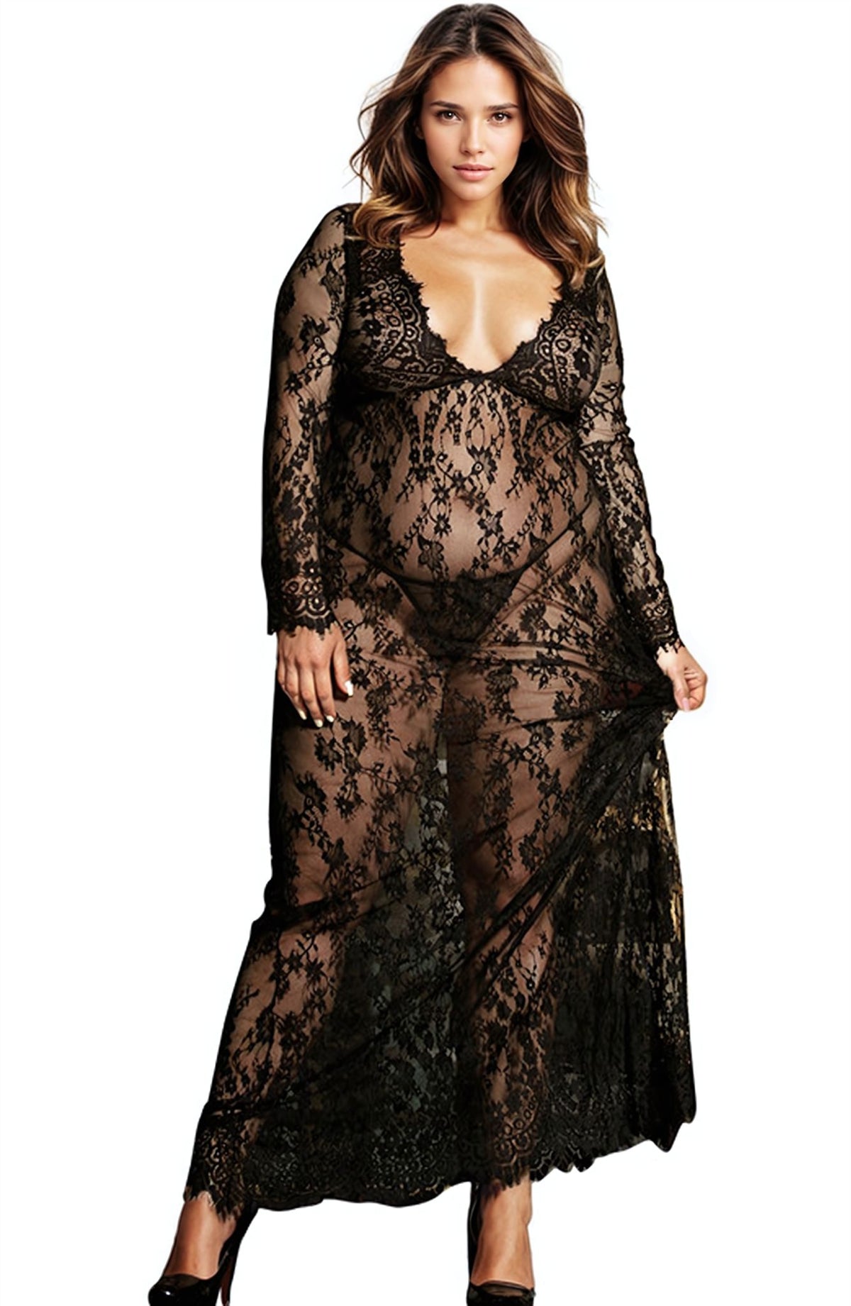 Linsori Noir Floral Gown & Delicate Thong - lifestyle view