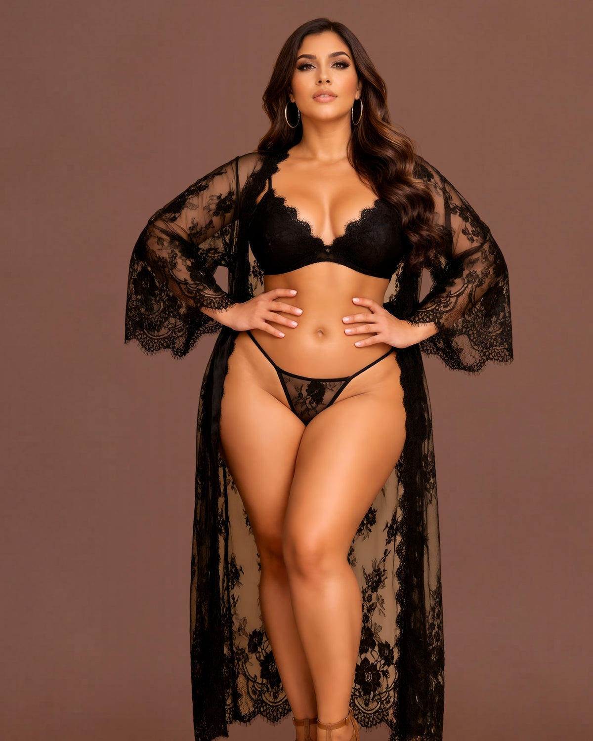 Linsori Noir Eyelash Lace Robe Set Plus Size - Front view 