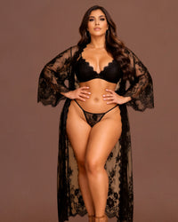 Linsori Noir Eyelash Lace Robe Set Plus Size - Front view 