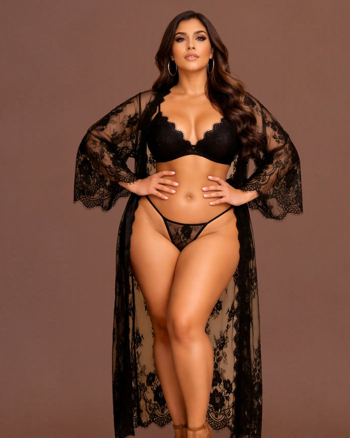 Linsori Noir Eyelash Lace Robe Set Plus Size - Front view 