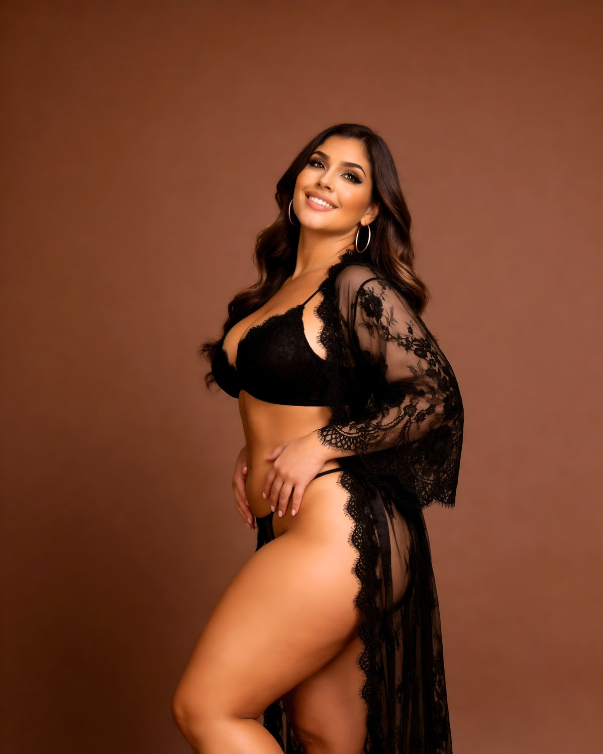 Linsori Noir Eyelash Lace Robe Set Plus Size -  Left view