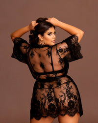 Linsori Noir Eyelash Lace Robe Set Plus Size -  back view