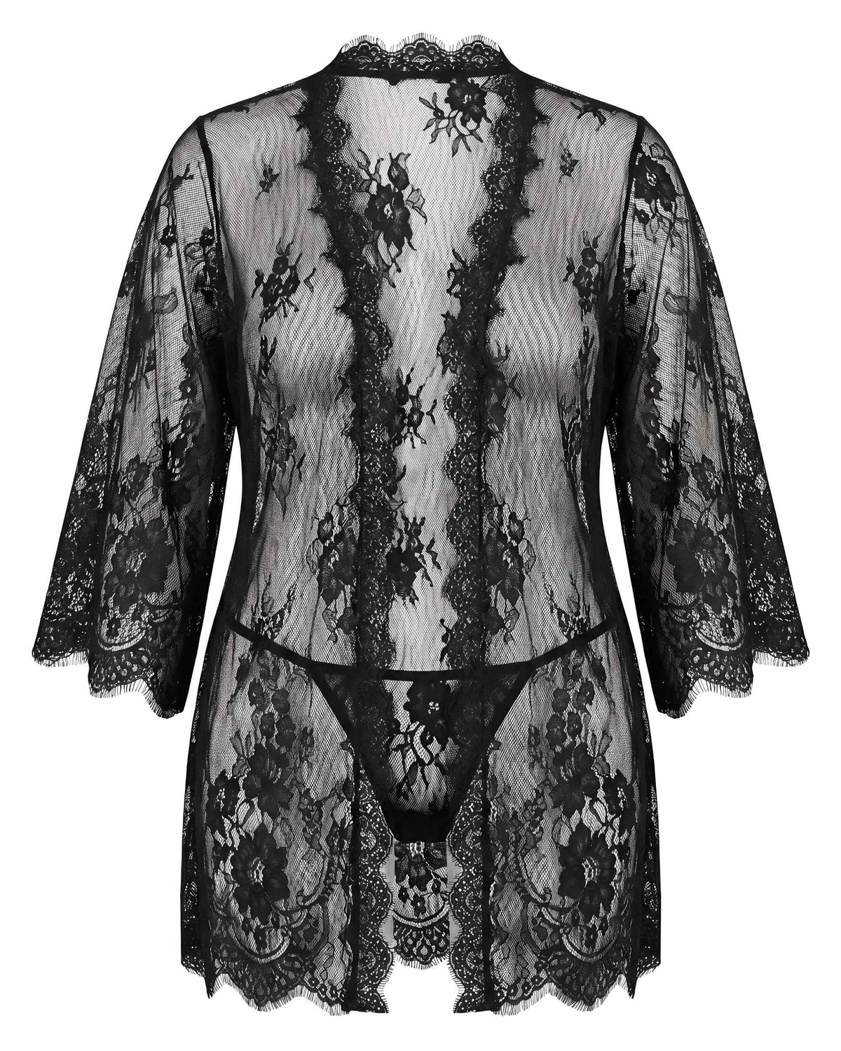Linsori Noir Eyelash Lace Robe Set Plus Size - White background view 