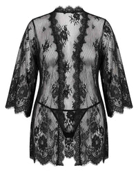 Linsori Noir Eyelash Lace Robe Set Plus Size - White background view 