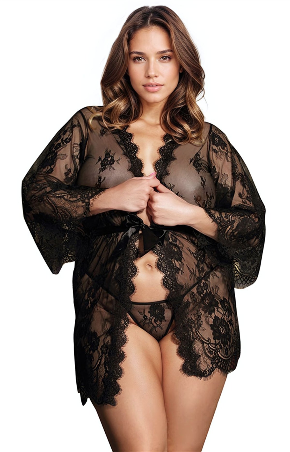 Linsori Noir Eyelash Lace Robe Set - close-up