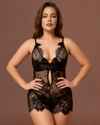 Linsori Noir Eyelash Lace Chemise Plus Size - Front view 