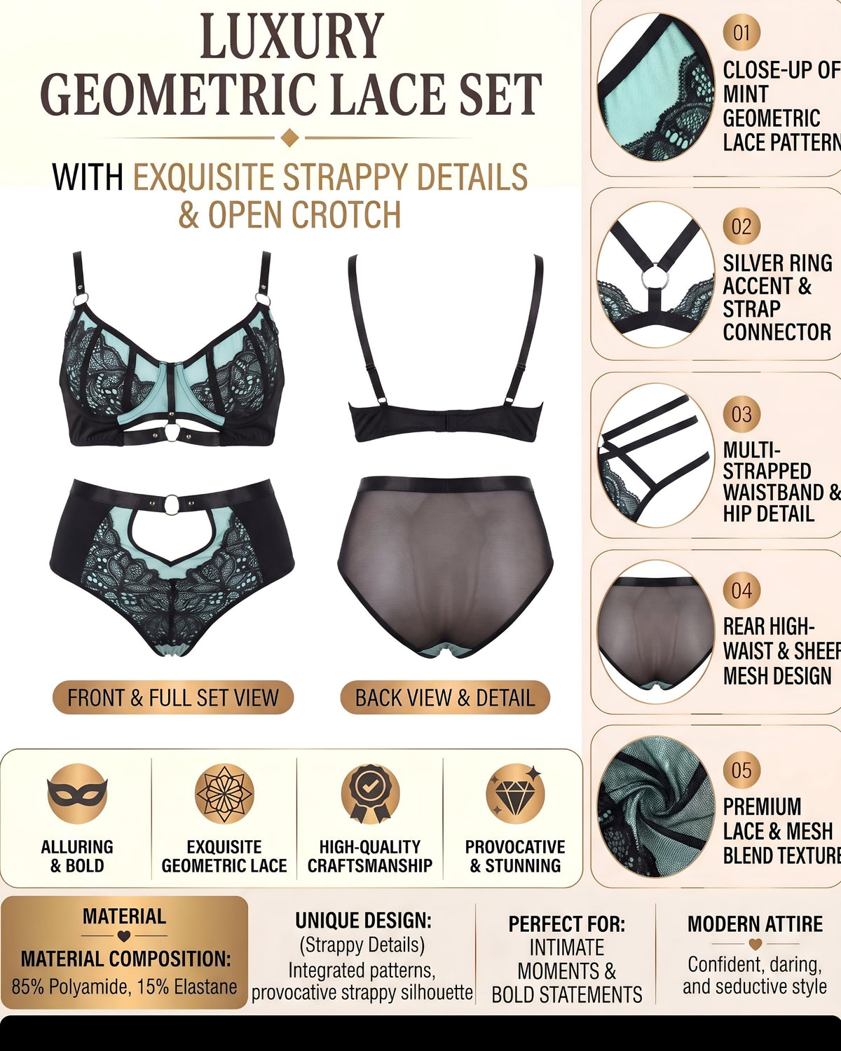 Linsori Sapphire Lace Lingerie Set -  Product detail view