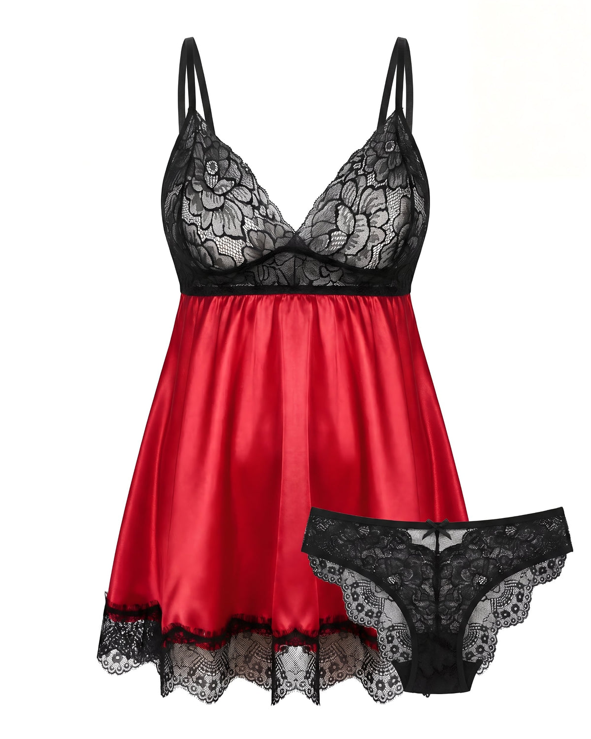 Linsori Crimson Satin Babydoll with Blindfold - White background view