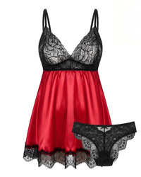 Linsori Crimson Satin Babydoll with Blindfold - White background view