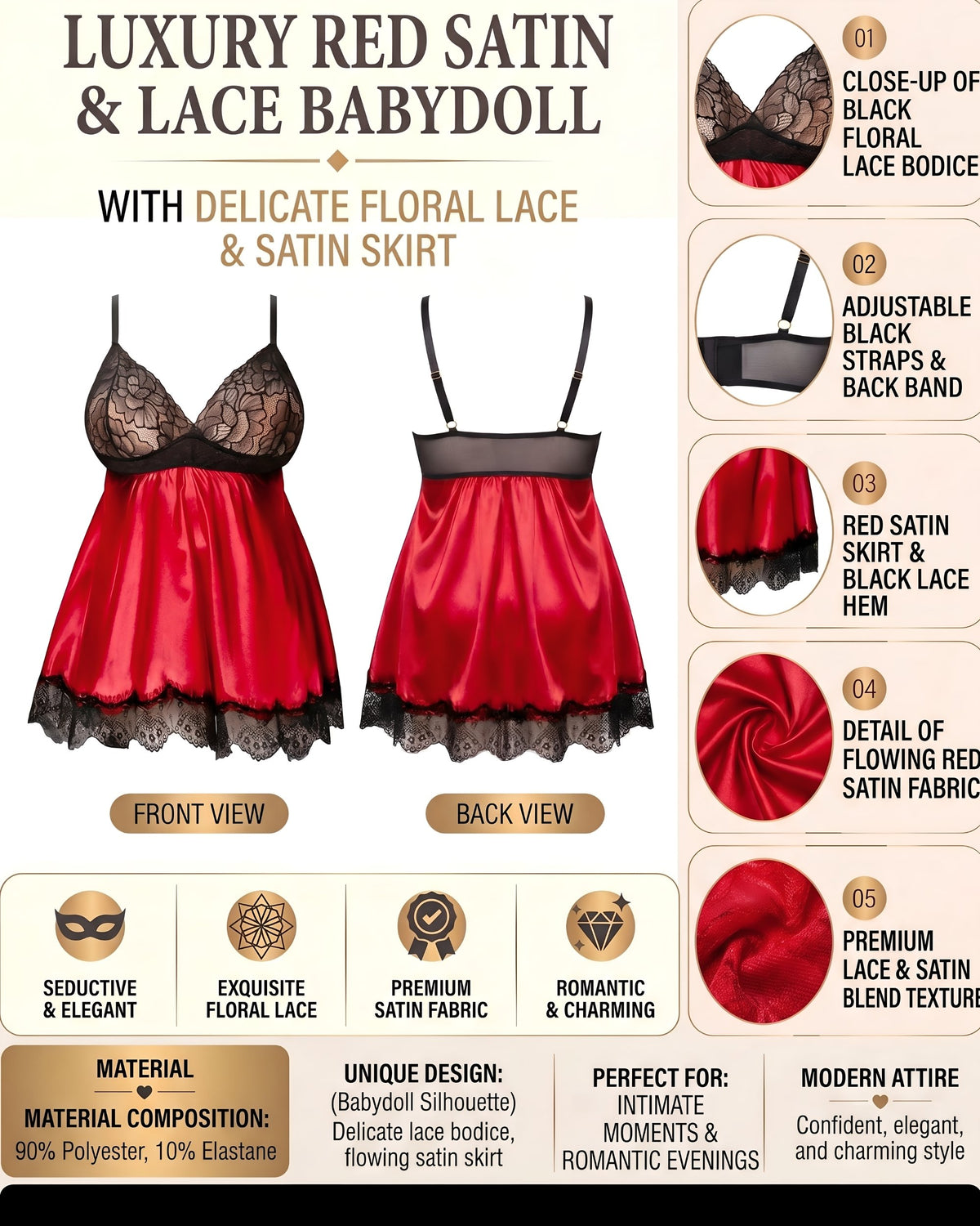 Linsori Crimson Satin Babydoll with Blindfold -  Product detail view
