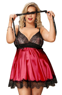 Linsori Crimson Satin Babydoll with Blindfold - close-up
