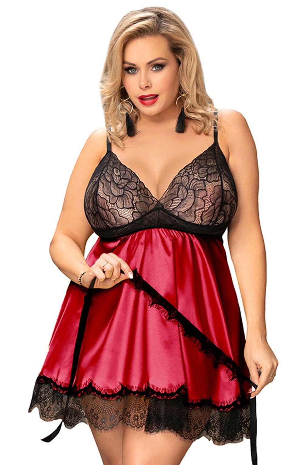 Linsori Crimson Satin Babydoll with Blindfold - lifestyle view