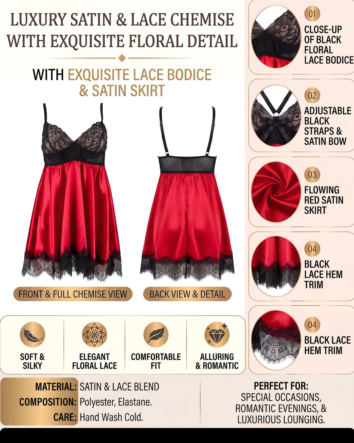 Linsori Scarlet Satin Eyelash Lace Babydoll -  Product detail view