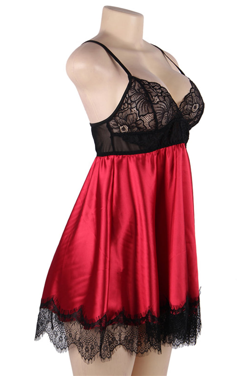 Linsori Scarlet Satin Eyelash Lace Babydoll - close-up