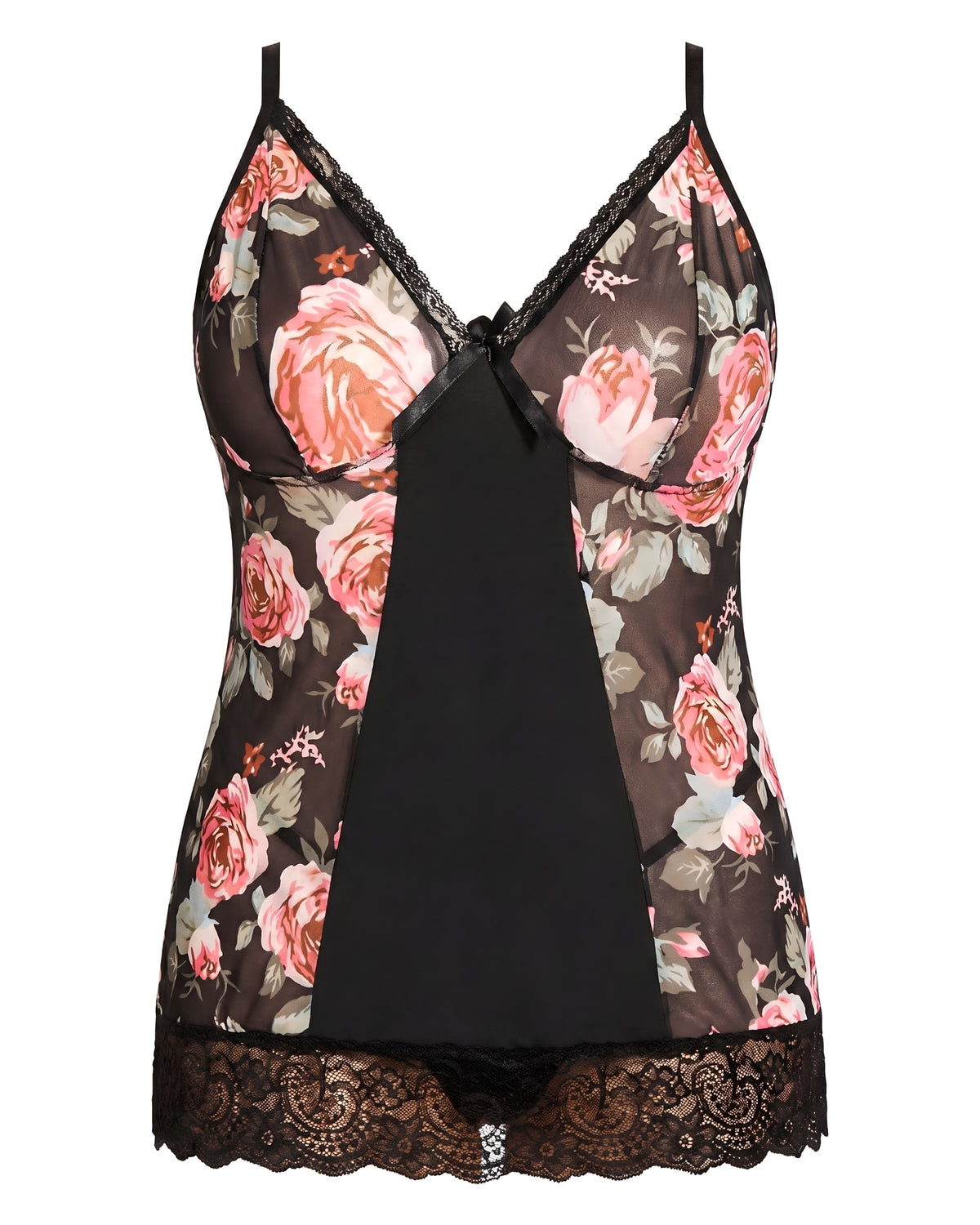 Linsori Noir Floral Babydoll Set Plus - White background view