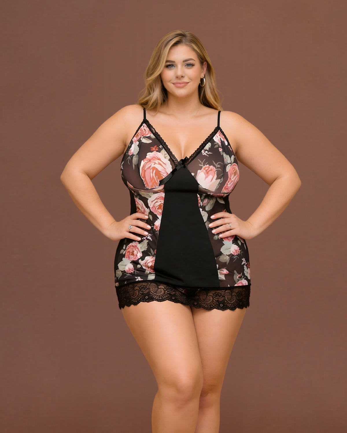Linsori Noir Floral Babydoll Set Plus - Front view 