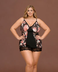 Linsori Noir Floral Babydoll Set Plus - Front view 