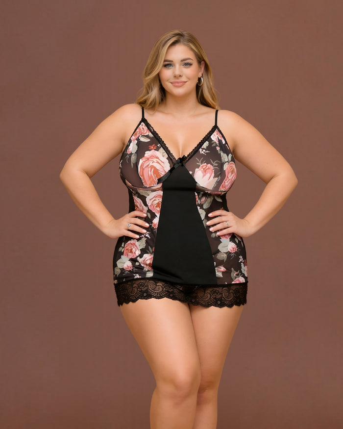 Linsori Noir Floral Babydoll Set Plus - Front view 