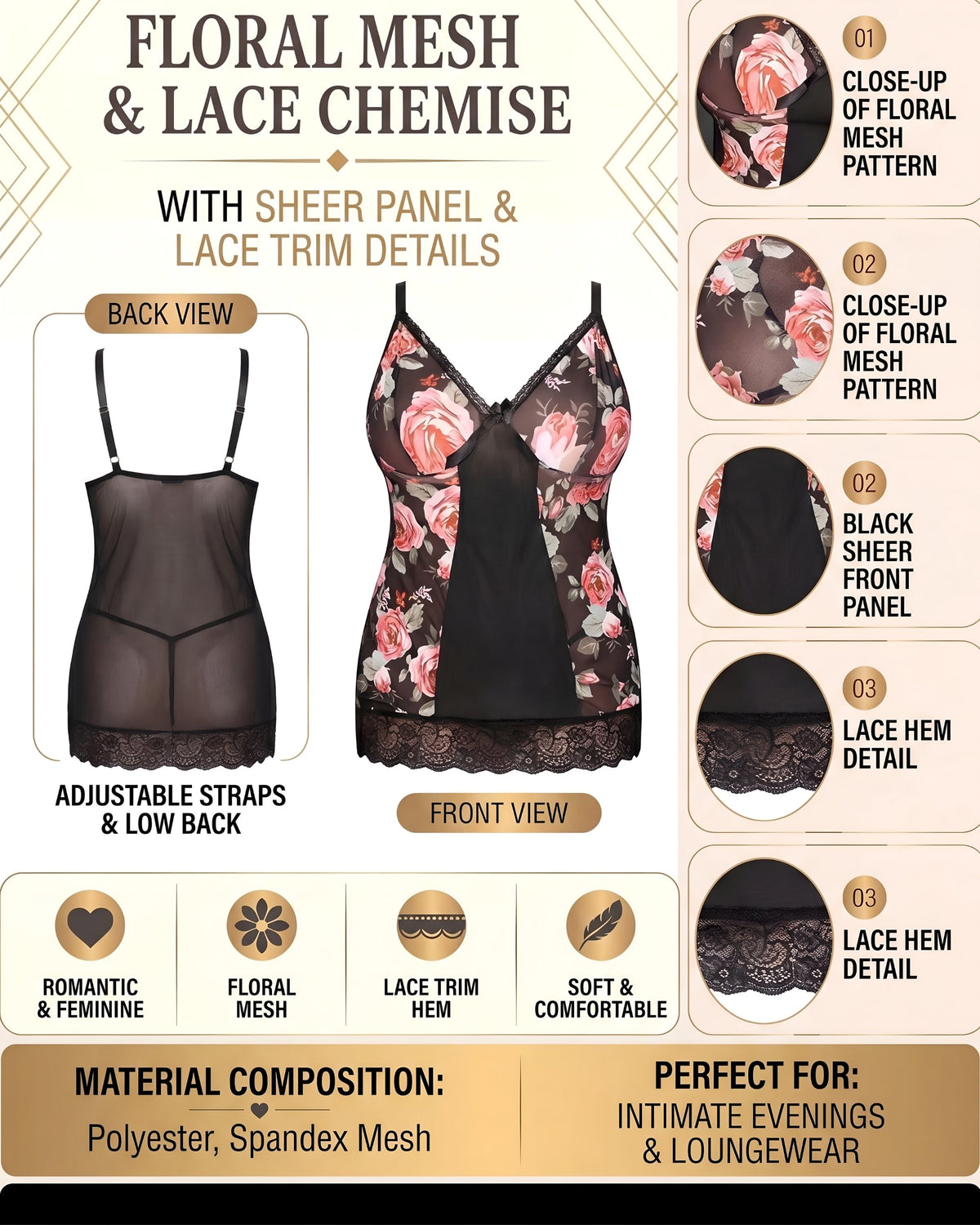 Linsori Noir Floral Babydoll Set Plus -  Product detail view