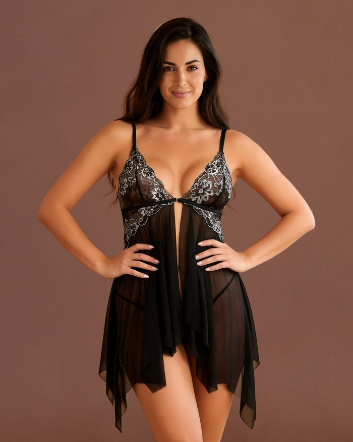 Linsori Embroidered Noir Babydoll Set - Front view 