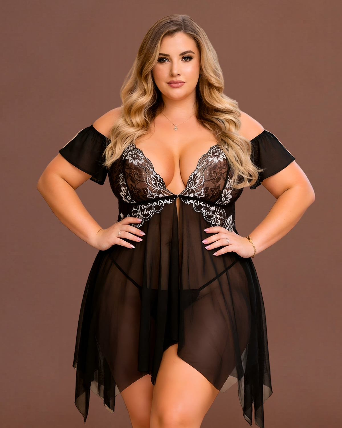 Linsori Embroidered Floral Babydoll Set Plus Size - Front view 