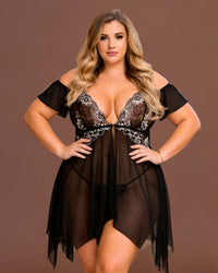Linsori Embroidered Floral Babydoll Set Plus Size - Front view 