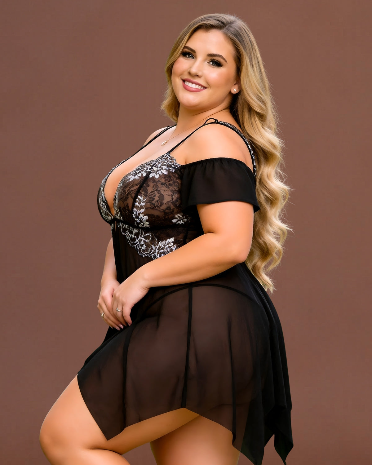 Linsori Embroidered Floral Babydoll Set Plus Size -   Left view