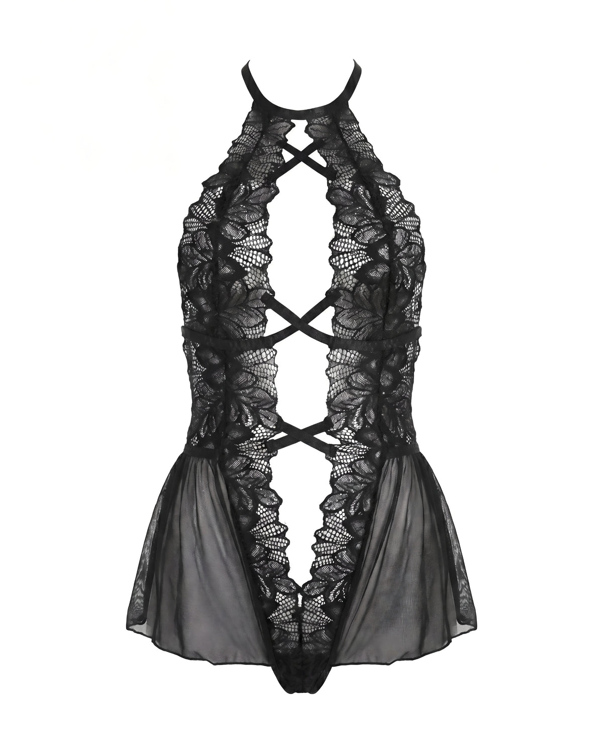 Linsori Noir Deep V Floral Lace Teddy Plus Size - White background view